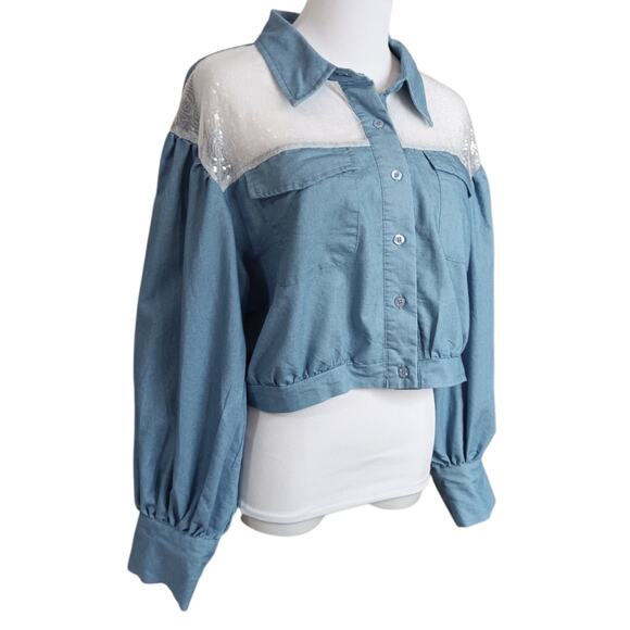 Western Crop‎ Top Blouse XL Puffy Sleeves Mesh Sparkly Sequins Coquette Country - Picture 3 of 10